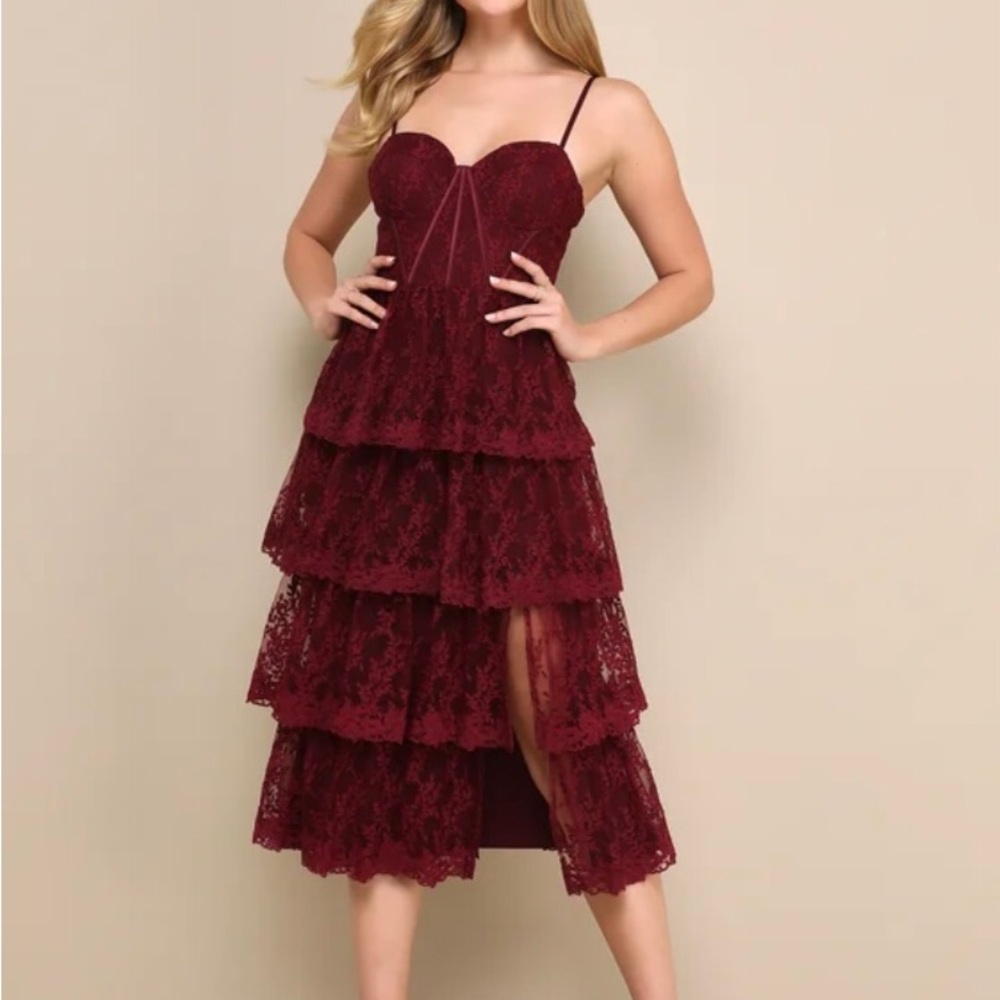 Lulu's Burgundy Lace Tiered Midi Dress